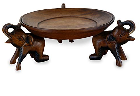 livasia Obstschale, Gebäckschale mit Elefanten aus Holz, Brotschale, asiatische Deko Schale Run, Holzelefanten