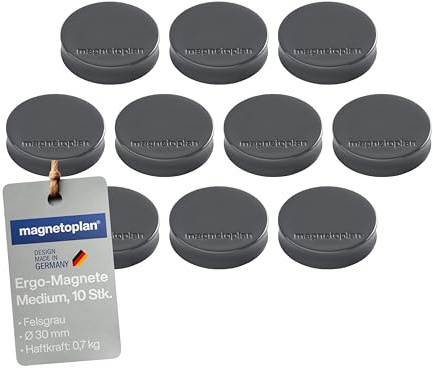 magnetoplan Ergo-Magnete, Medium | 10 Stück, Felsgrau | Extreme Haftkraft von 700g | ØxH 30x8 mm | Für Kühlschrank, Whiteboard, Magnettafel und alle magnetischen Oberflächen