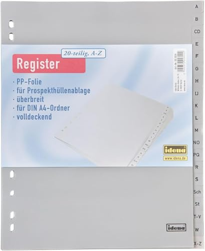 5 Ordner Register A-Z/Überbreit / 20tlg. / DIN A4 / aus PP 120µ / Farbe: grau
