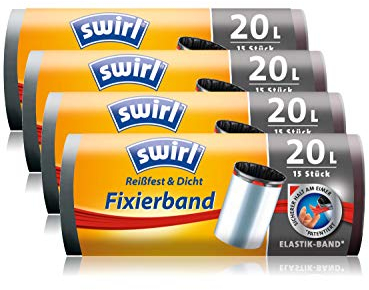 Swirl Fixierband-Müllbeutel, 20 Liter, 4 Rollen mit je 15 Beuteln, Anthrazit