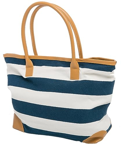Beach Bag Womens Canvas Summer Tote Bags Striped Nautical Shopper 46 x 32 x 13 cms Closure Magnetic Clasp Airee Fairee (BLUE)(Size:L)