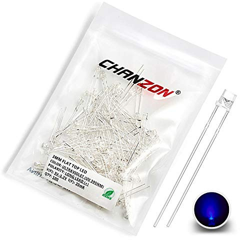Chanzon 100 pcs 3mm Purple UV LED Diode Lights (Clear Round Ultraviolet 395nm DC 3V 20mA) Lighting Bulb Lamps Electronics Components Light Emitting Diodes | (Violet Clear Flat) Bright Lighting Bulb Lamps Electronics Components Indicator Light Emitting Diodes DIY PCB Arduino