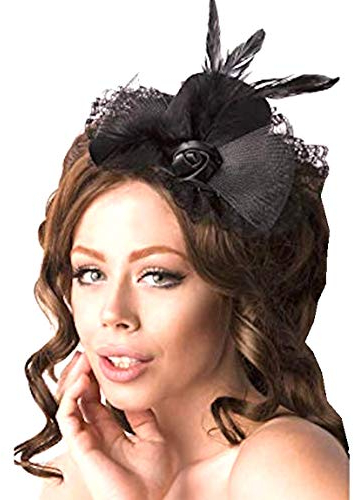 Minihut Fascinator schwarz S-L mit Zierfedern Tüllschleife süßer kleiner Satinrose