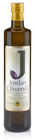 Jordan Olivenöl, Natives Extra Olivenöl, in Glasflasche 750 ml | Öl kaltgepresst aus griechische Oliven von Lesbos aus Griechenland, mit integriertem Ausgiesser und Tropfschutz