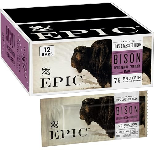 EPIC Bison Uncured Bacon and Cranberry Bars, Grass-Fed, Protein Bar, 12 Ct, 15.6 oz