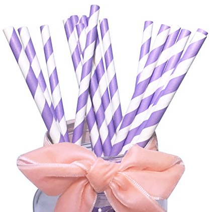 Viola e Bianche Cannucce 6x197mm, 100 Pezzi Biodegradabili Cannucce di Carta Strisce Lilla e Lavandaper Bere per Feste, Compleanni, Matrimoni