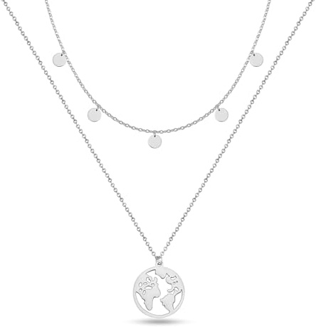GD GOOD.designs Weltkugel Kette Silber,Gold und Rosegold, mit Plättchen Mehrreihig für Damen - Wasserfest I Layering Halskette mit Weltkarte und Coins I Welt Travel Doppelkette