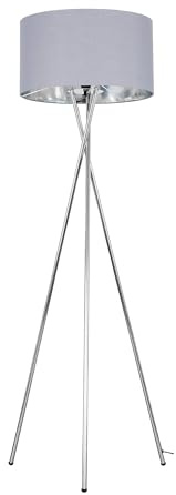 MiniSun | Modern Polished Chrome Metal Tripod Floor Lamp with a Grey and Chrome Shade | Home Décor, Bedside & Desk Lamp