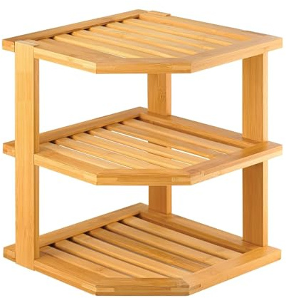 HOMION Plate rack 3 Tier Corner Shelf Unit Cupboard Organizer Shelf Storage Space Saver Unit Tidy Free Standing Bathroom Desktop Space Saving Idea Caravan Camping Multi Tier Plates Organizer