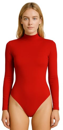 STAR FASHION Womens Turtle Neck Bodysuit Long Sleeve Polo Neck Jersey Leotard Top Stretchy Viscose High Neck Swimsuit Style Red-8-10