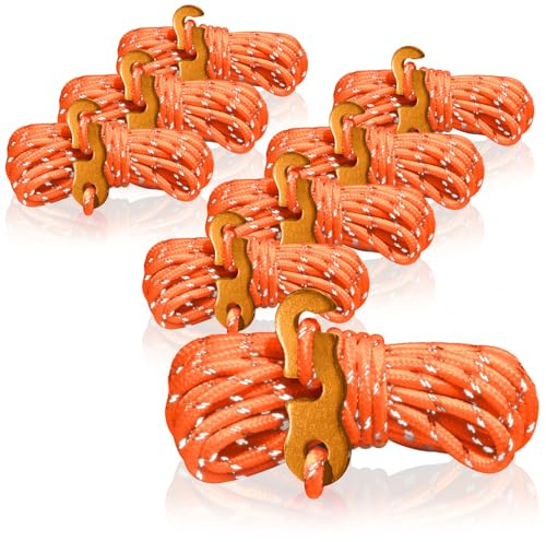 COM-FOUR® 8x killrep, vardera 4m för camping, reflekterande i orange - tältsnöre med aluminiumspänne - spännlina - campinglina - repsträckare - tältrep - stormrem