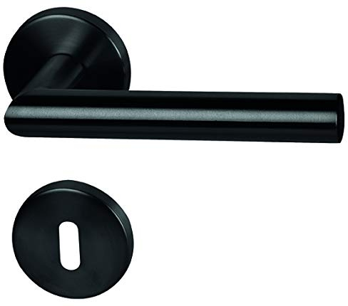 lockzz Türgriff Drückergarnitur Würzburg-II, Edelstahl schwarz matt, Türbeschlag für Zimmertüren, Rund-Rosette, L-Form, BB - Buntbart