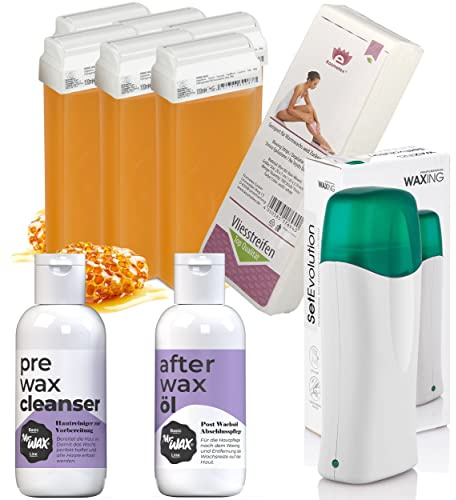 Kosmetex Wachsset Honig | 6x Wachspatronen I 1x Wachserhitzer I 1x Pre Reiniger Mr. Wax I 1x After Wax I 100x Vliesstreifen Set | Alles Drin