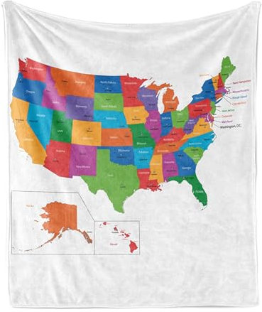 ABAKUHAUS Fernweh Weiche Kuscheldecke Sofadecke, USA Karte mit den Staaten, Gemütlicher Plüsch für den Innen- und Außenbereich, 125 x 175 cm, Mehrfarbig