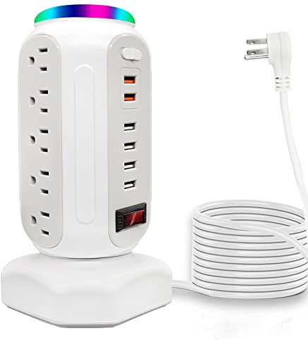 Power Strip Tower 15 Outlets 6 USB Ports, Surge Protector with Colorful led Light & USB Fast Charger,Desktop Charging Station with 6.5ft Heavy Duty Extension Cord for Home Office(White)