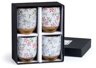 TEA SHOP - Taza de Té o Infusiones - Set vasos Kohana - Juego de 4 vasos de porcelana con estampado floral de estilo japonés