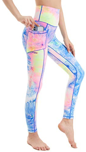 AMYTIS Korta leggings för kvinnor sportbyxor ogenomskinliga cykelbyxor hög midja med fickor, Regnbåge #1, S
