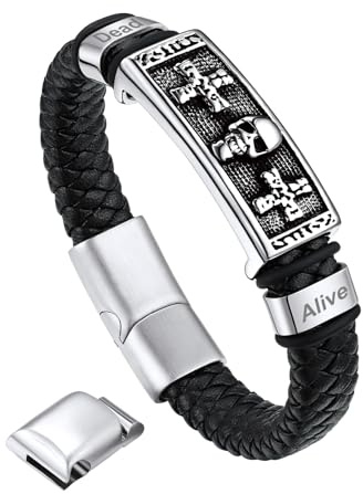 Bandmax Lederarmband Herren Mjölnir/Totenkopf/Freimaurerei Personalisiert Armbänder Männer Manschette Armband mit Magnetverschluss Wickelarmband Wikinger Armschmuck für Vater Ehemann
