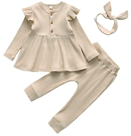 Derouetkia Baby Mädchen Kleidung Kleinkind Mädchen Rüschen Tops Langarm Hose mit Stirnband Outfit Set, Beige, 12-18 Monate