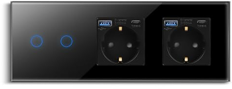 CNBINGO Interruptor de luz táctil con doble enchufe con puertos USB (tipo C y tipo A 3,1 amp total) – Enchufe USB Schuko empotrado – Interruptor de pared de cristal simple en Negro – 2 vía