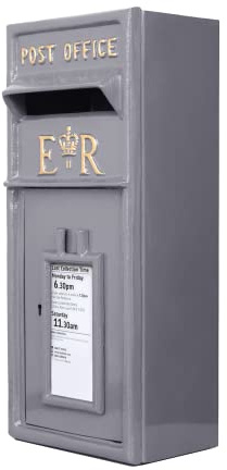 Assorted Collections Cast Iron Post Box – Lockable ER Mail Box with Key, Wall Mount, Durable & Easy to Install - Classic Grey Post Office Style (34x17x57 cm, 8.8 kg)