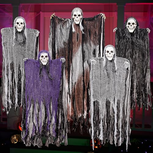 JOYIN 5 Stück Halloween-Sensenmänner zum Aufhängen, Einer 119 cm, Vier 88 cm große Halloween-Skelette mit fliegenden Geistern für die Halloween-Dekoration im Freien, Spukhaus-Requisite