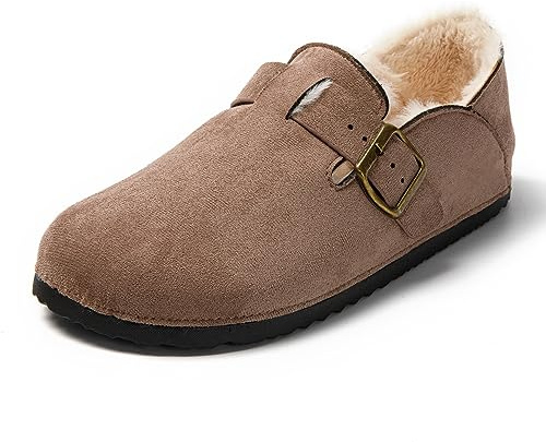 JOMIX Zapatillas Casa Mujer Invierno de Felpa Pantuflas Cerradas Mocasines Con Hebilla Interior Exterior, Caqui, 38 EU