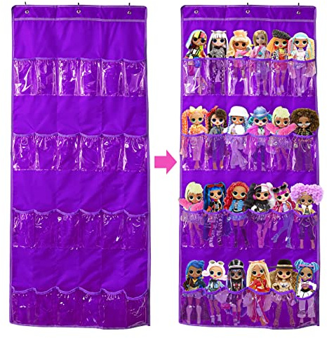DUOLAM Bolsa de almacenamiento de juguetes para colgar(24 bolsillos), Juguete organizador puerta Colgantes, compatible con la muñeca LOL OMG muñeca sorpresa (sin juguetes) (Púrpura)