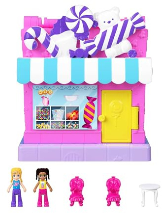 Polly Pocket Pollyville Süßwarenladen - Spielset mit 2 Puppen, 3 Accessoires und 3 Etagen voller Spielspaß, Popcorn-Maschine, Lebkuchenhaus und riesigem Kaugummiautomaten, HNB03
