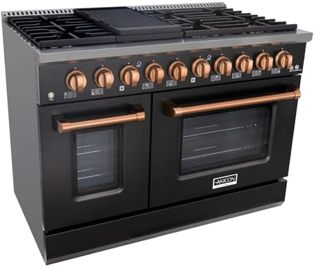 Akicon 48 Inch Freestanding Gas Range - 6.7 cu. ft. Double Rapid Convection Gas Oven Stove with 8 Sealed Burners & a Griddle, Heavy Duty Cast Iron Grates (Black & Copper)