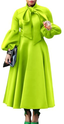 Robe À Manches Lanternes Et Col Nœud Papillon Grande Taille pour Femmes Manches Longues Élégantes Taille Élevée Une Ligne Grande Balançoire Maxi Long Robes (Color : Fruit Green, Size : XX-Large)