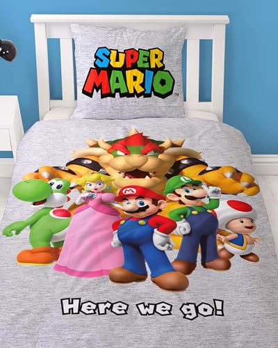 Parure de lit 135x200 en flanelle, biber, Nintendo Super Mario, douillette et douce pour l'hiver, 1x taie d'oreiller 80x80 + housse de couette 135x200, 100% coton, linge de lit pour enfant gaming