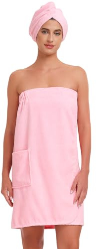 Knuffnee Women Wrap Towel Shower Spa Wraps Terry Cloth Bathrobe Adjustable Bath Wrap Pink S/M