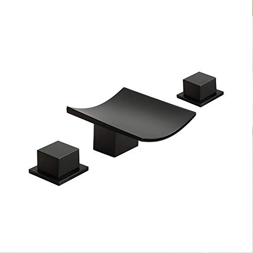 RajoNN Waterfall Basin Mixer Tap Three Hole Widespread Bathroom Sink Hot and Cold Mixer Lavatory Double Handle Washbasin Sink Brass Black Vanity