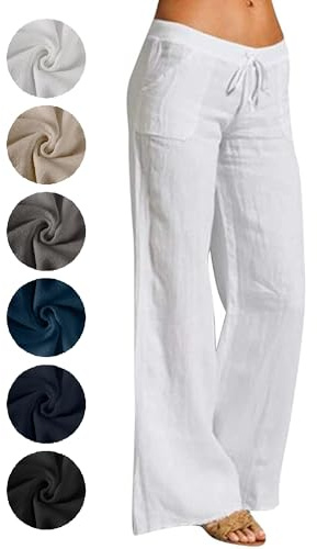 Puimentiua Sommerhose Damen Leicht,Sommer Weiß Leinenhose,High Waist Palazzo Hose,Luftig Elegant Stoffhose,Women Wide Leg Linen Pants,Lockere Schlaghose mit Weite Bein und Tunnelzug (Weiß,M)