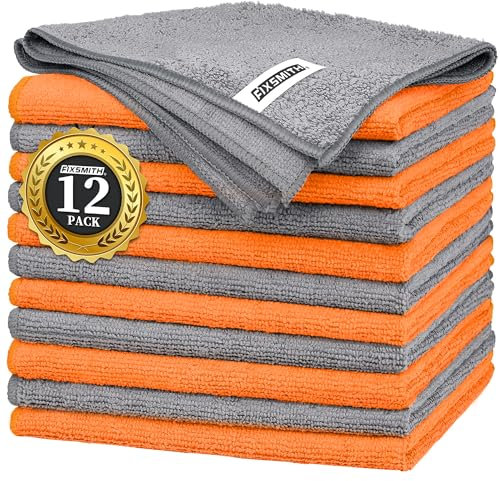 FIXSMITH Microfibre Cleaning Cloth -Pack of 12, Highly Absorbent Cleaning Rags(Grey&Orange), 16X12 All Purpose Cleaning Towels for Housekeeping, Kitchen, Car, Reusable Microfiber Towels