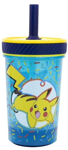 Stor Pokemon Gobelet en plastique de 370 ml avec paille en silicone, résistant aux chutes, anti-basculement, résistant aux déversements, réutilisable, sans BPA