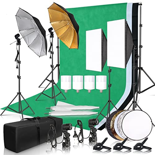 KCUZO Photography Photo Studio Softbox Lighting Kit with 2.6x3m Background Frame 3pcs Backdrops Tripod Stand Reflector Board