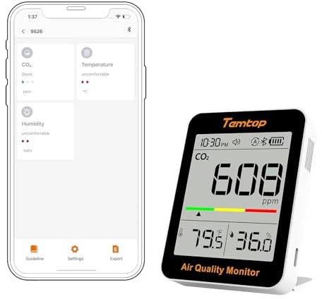 Temtop CO2-monitor inomhus luftkvalitetsmätare med BLE App-anslutning, bärbar CO2-mätare, temperatur, luftfuktighet för hem, kontor eller skola C1+