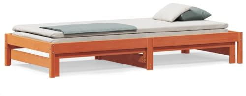 Tidyard Tagesbett Ausziehbar Sofa Gästebett Sofabett Bett Bettsofa Schlafsofa Holzbett Ausziehbett Bettgestell Wachsbraun 90x200 cm Massivholz Kiefer