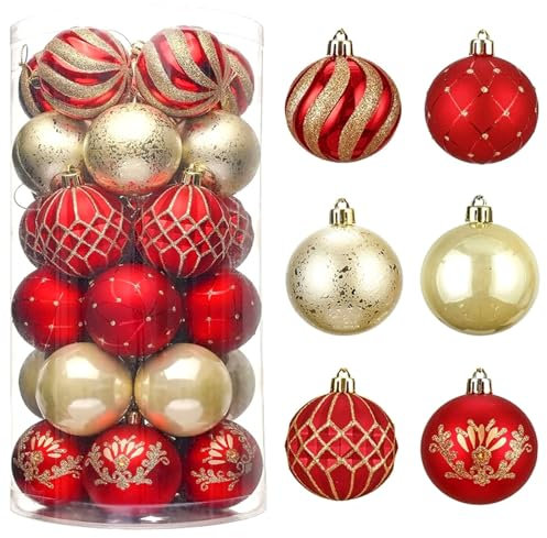 CJWLKJ 30pcs Colored Christmas Balls Ornaments for Xmas Tree Shatterproof Christmas Tree Hanging Balls Decoration for Holiday Party Wedding Decoration Set with Hang Rope 2.36(Red & Gold, 60mm)