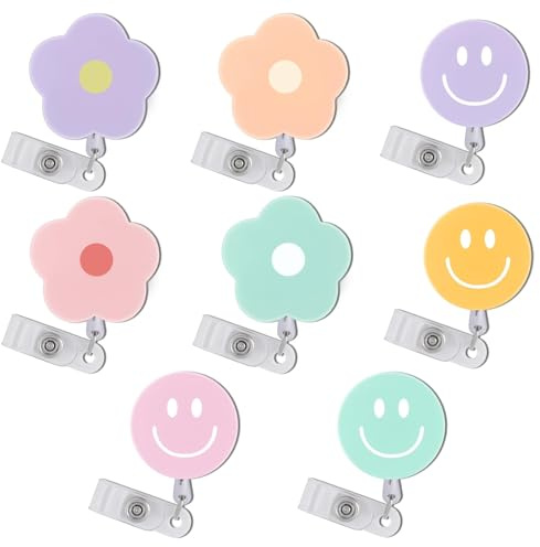 8 Stück Ausweishalter mit Blumen-Motiv, Niedliches Blumenmuster und Lächeln Ausziehbare Namensclip, Krankenpflege-Namensschild-Spulen für Apotheke Krankenhauszubehör ID-Namens-Clip