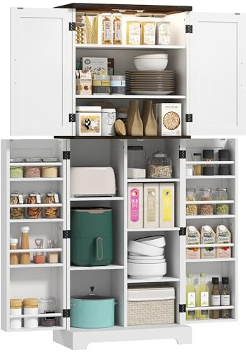HOMCOM 64 Kitchen Pantry Cabinet with LED Motion Sensor Light, Farmhouse Tall Storage Cabinet with Adjustable Shelves, Cupboard for Living Room, Dining Room, White