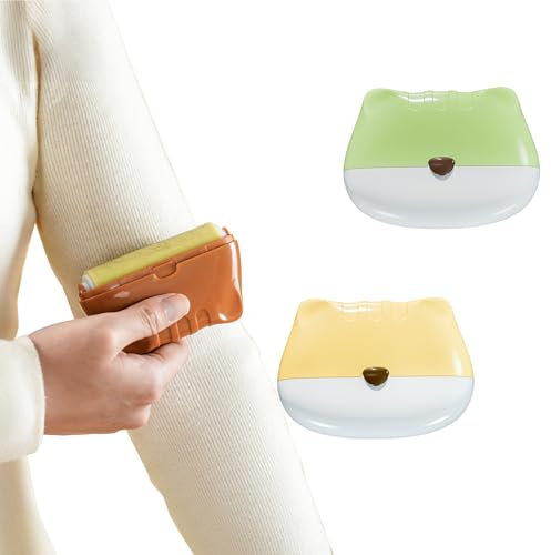 Pack of 2 Portable Washable Lint Roller, Reusable Cat Shaped Sticky Lint Roller, Mini Removable Pet Hair Remover with Cover for Clothes, Furniture, Dust (Yellow + Green)