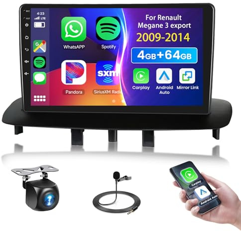 Autoradio Podofo 4G 64G 9 Bluetooth per Renault Megane 3 export 2009-2014 Carplay Android Auto Wireless, Wi-Fi GPS Navi HIFI/RDS/FM DSP, 1280*720, Android 13 Radio 2 din con telecamera posteriore AHD