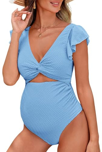 Happy Cherry Rüschen Schwangerschafts Bademode Damen Sommer Einteiliger Badeanzug für Schwangere Cutouts Twisted Raffung Verstellbarer Rücken Umstandsbademode M Blau