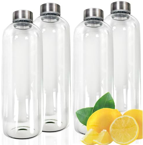 Smart-Planet 4er SET hochwertige Trinkflaschen aus Glas - Glasflasche aus Borosilikat Glas - 1L Glastrinkflasche mit Metalldeckel in Edelstahloptik - für Sport