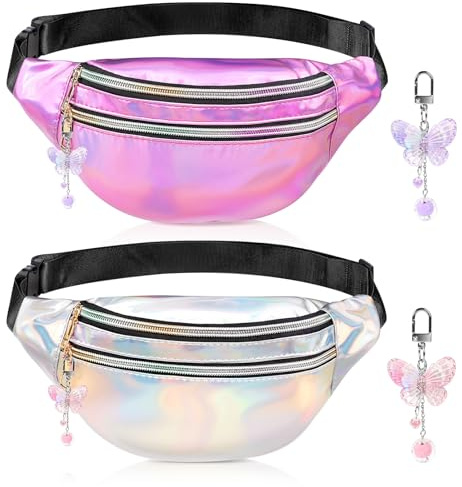 2 Stück Bauchtasche Damen,Sport Wasserdicht Gürteltasche Damen mit Schmetterling Anhänger, Modische Festival Hüfttasche Damen mit Verstellbarer Gurt,3 Fächer,für Festival Party Sport Reise Outdoor