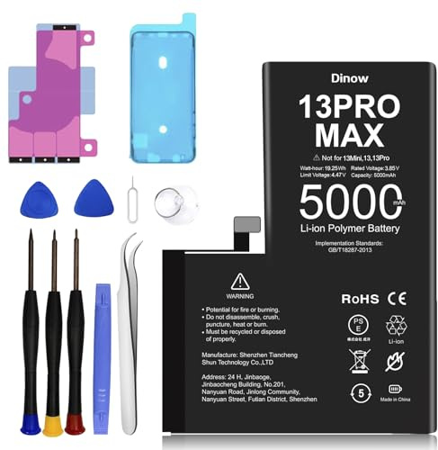 Batterie pour iPhone 13 Pro Max, 5000mAh Batterie de Remplacement Polymère Li-ION Haute Capacité Compatible avec iPhone 13 Pro Max(A2643, A2484, A2641, A2644, A2645) avec Kit d'Outils de Remplacement