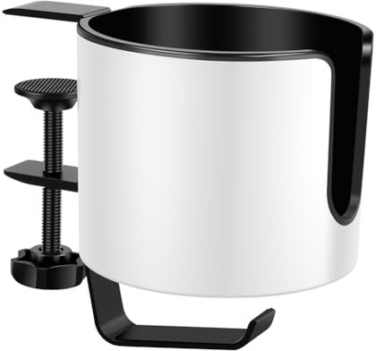 Cenei Portavasos de Escritorio Universal Ajustable con Brazo de Sujeción Antideslizante, con Clip para de Café y Gancho, Color